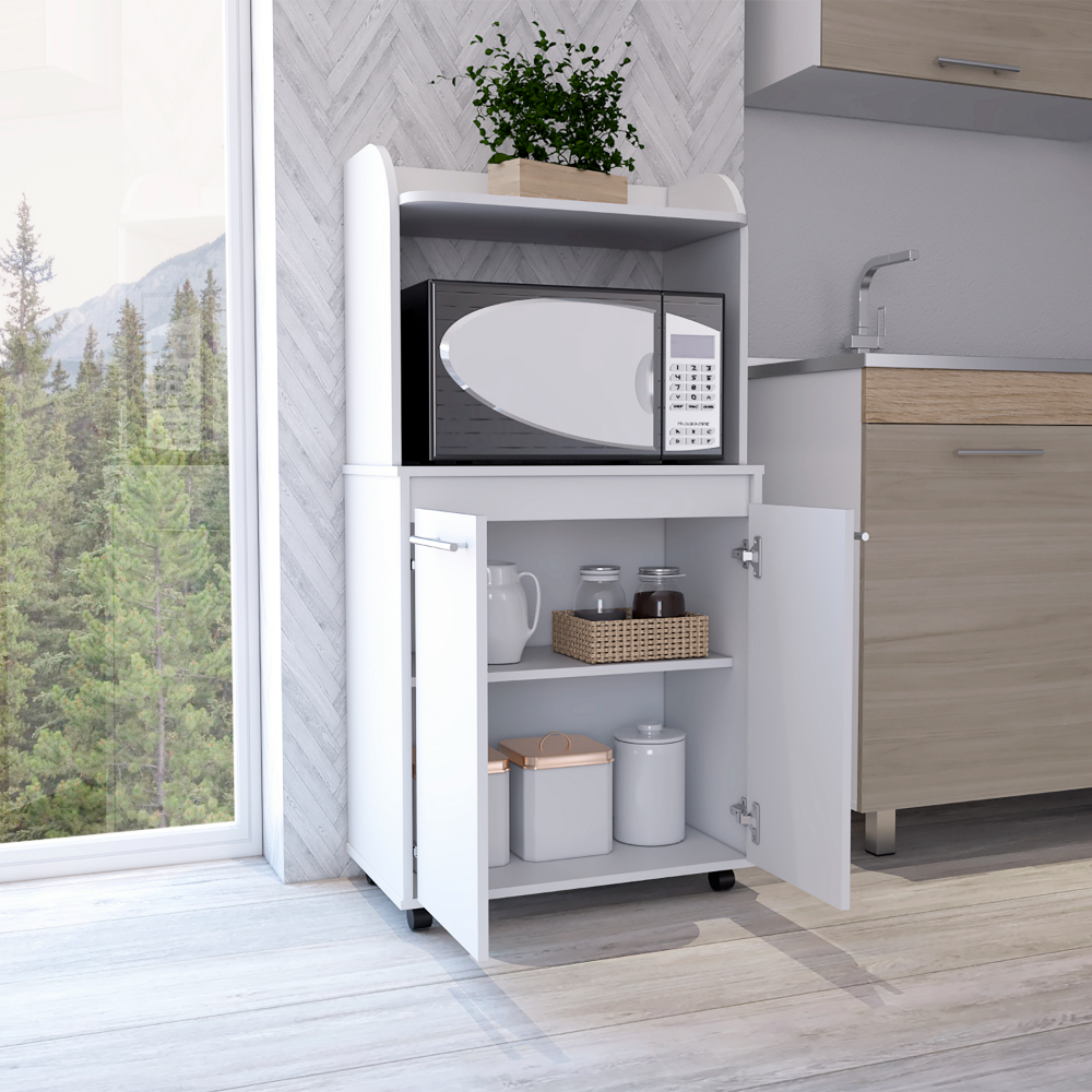 Kitchen Cart Totti, Double Door Cabinet, One Open Shelf, Two Interior Shelves, White Finish-1