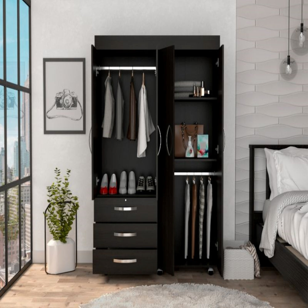 Mobile Armoire Velvet, Rods, Double Door Cabinet, Three Drawers, Black Wengue Finish-1