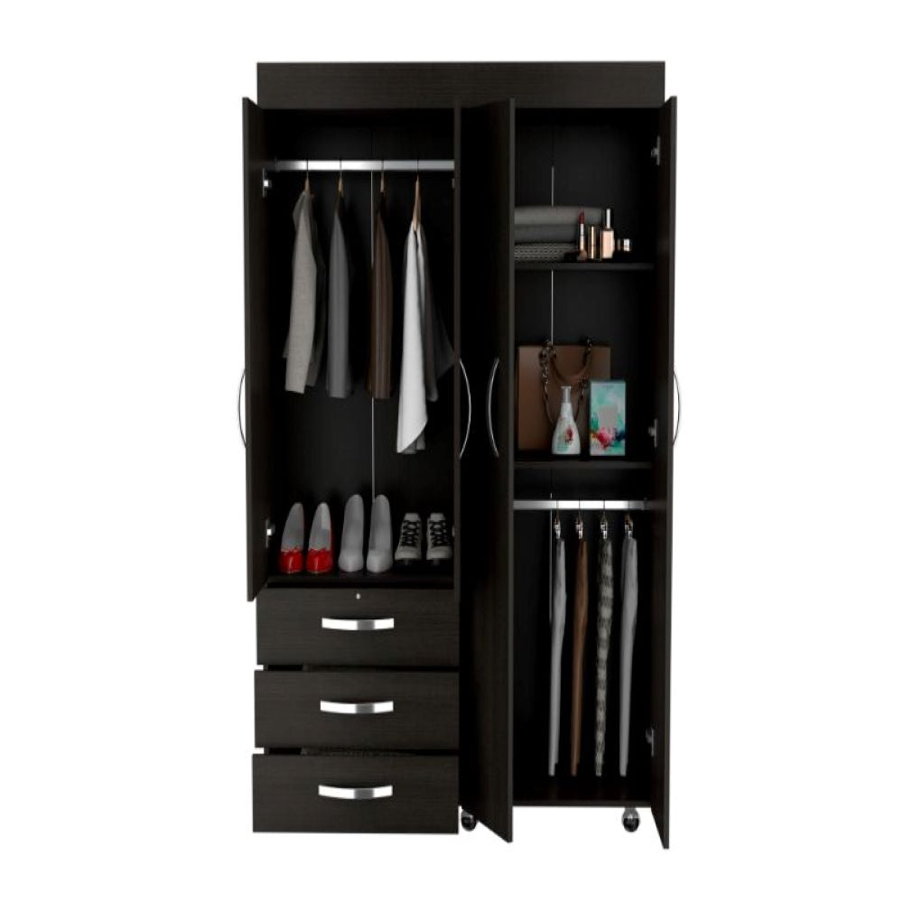 Mobile Armoire Velvet, Rods, Double Door Cabinet, Three Drawers, Black Wengue Finish-4