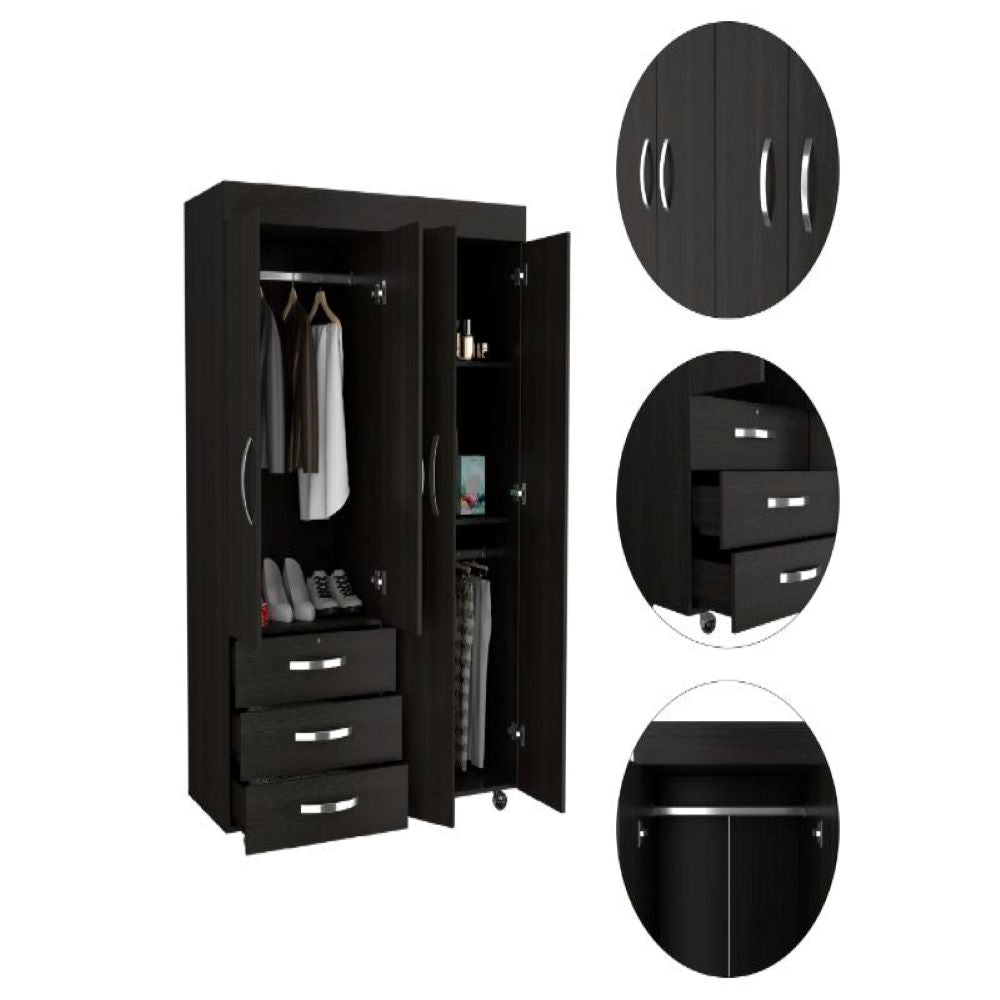 Mobile Armoire Velvet, Rods, Double Door Cabinet, Three Drawers, Black Wengue Finish-2