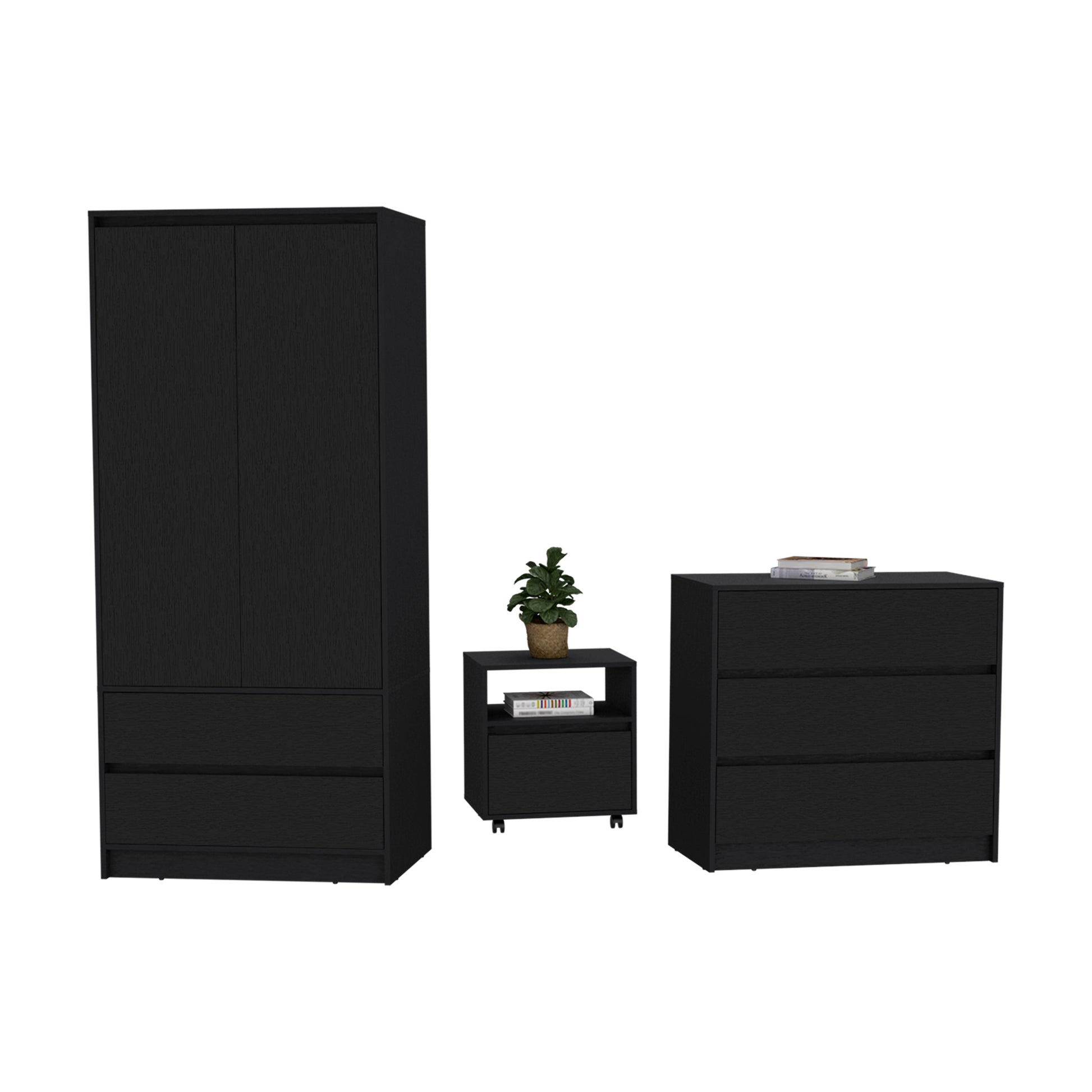 Beloit 3 Piece Bedroom Set, Nightstand + Dresser+ Armoire, Black Wengue Finish-1