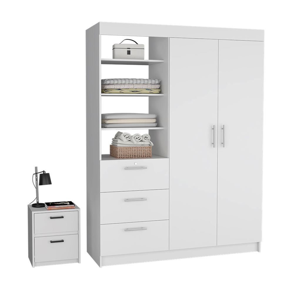 Karval 2 Piece Bedroom Set, Armoire + Nightstand, White Finish-1