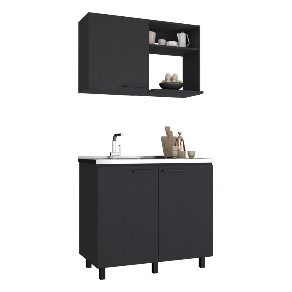 Alexandria 2 Piece Kitchen Set, Wall Cabinet + Utility Sink, Black Wengue Finish-1