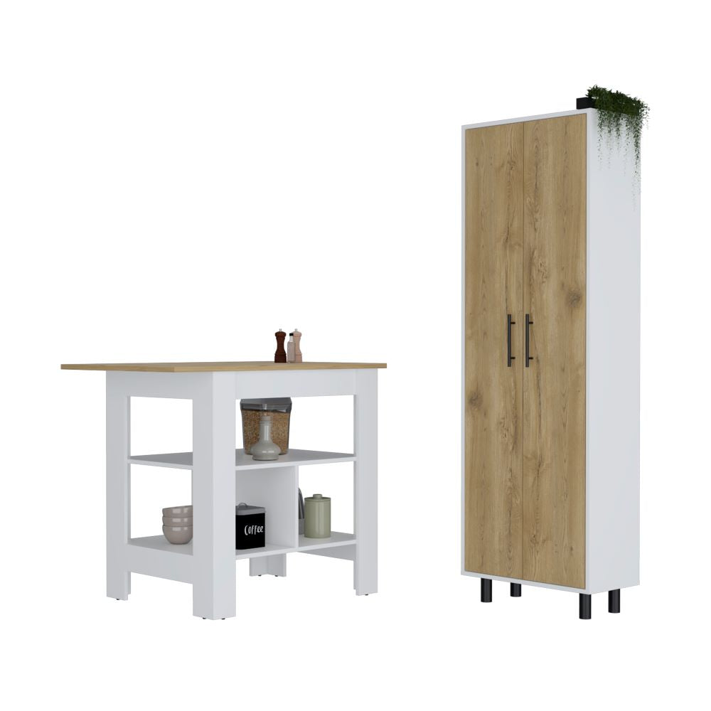 Bowie 2 Piece Kitchen Set, Kitchen Island + Pantry Cabinet, White / Light Oak Finish-1