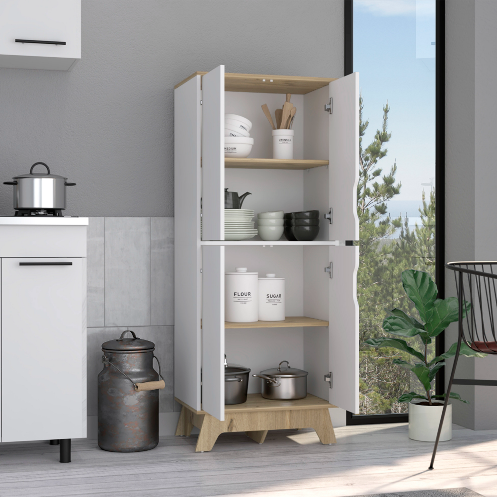 Double Kitchen Pantry Wallas, Double Door, Four Legs, Four Shelves, Light Oak / White Finish-1