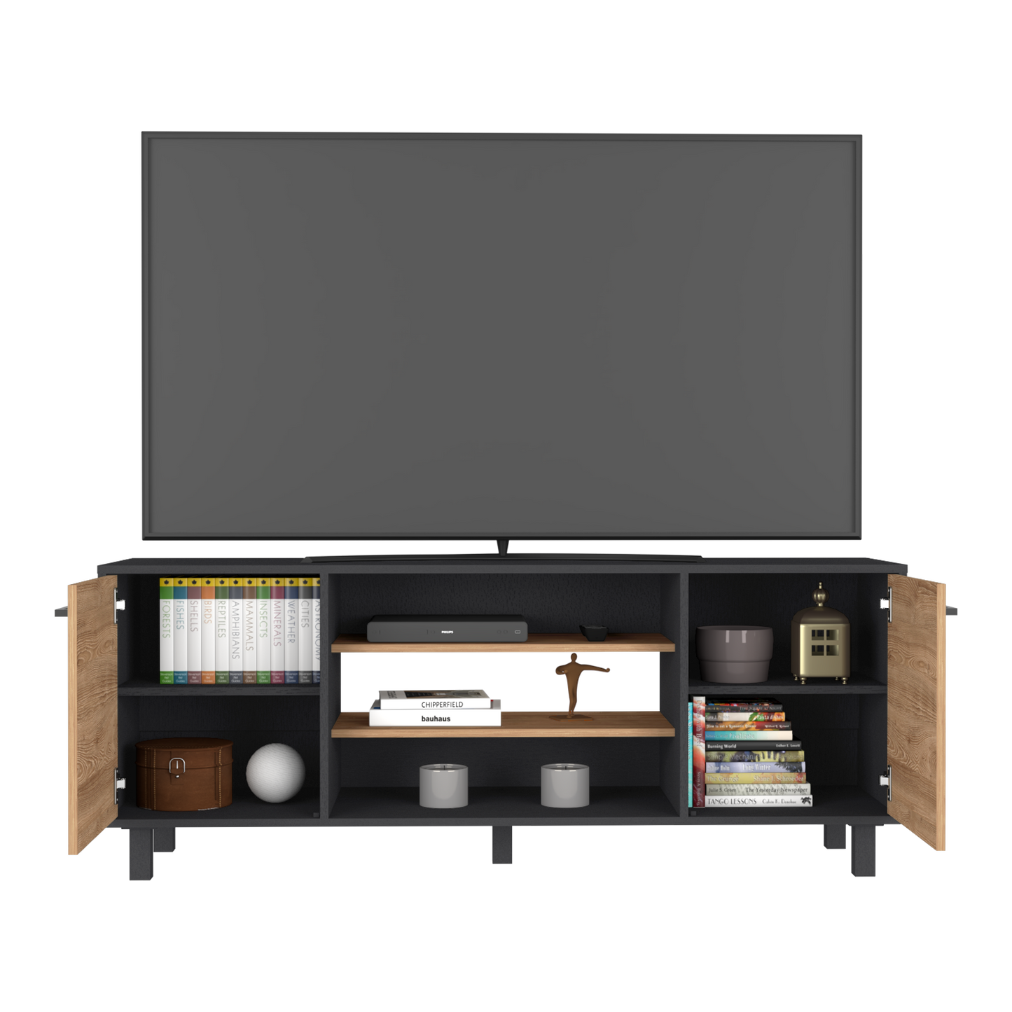 Tv Stand for TV´s up 55" Washington, Four Shelves, Black Wengue / Pine Finish-4