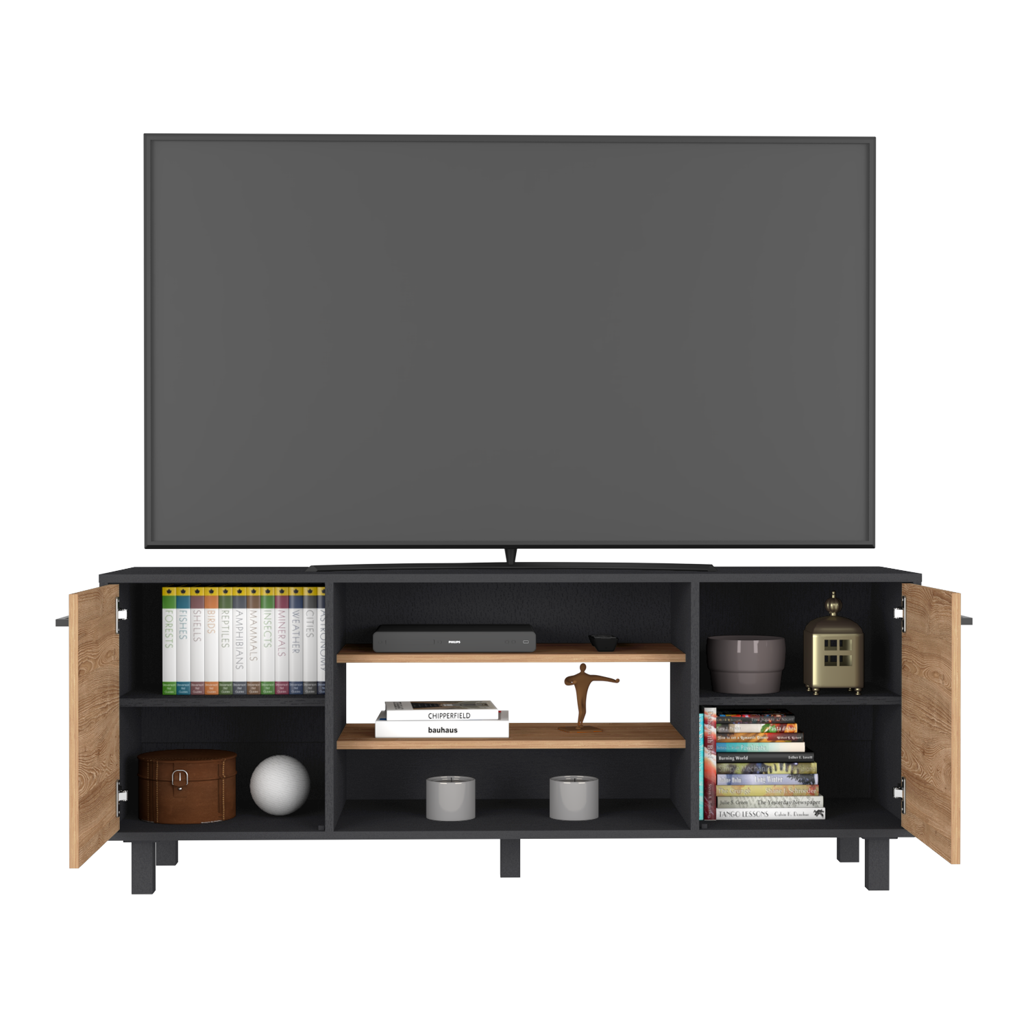 Tv Stand for TV´s up 55" Washington, Four Shelves, Black Wengue / Pine Finish-4