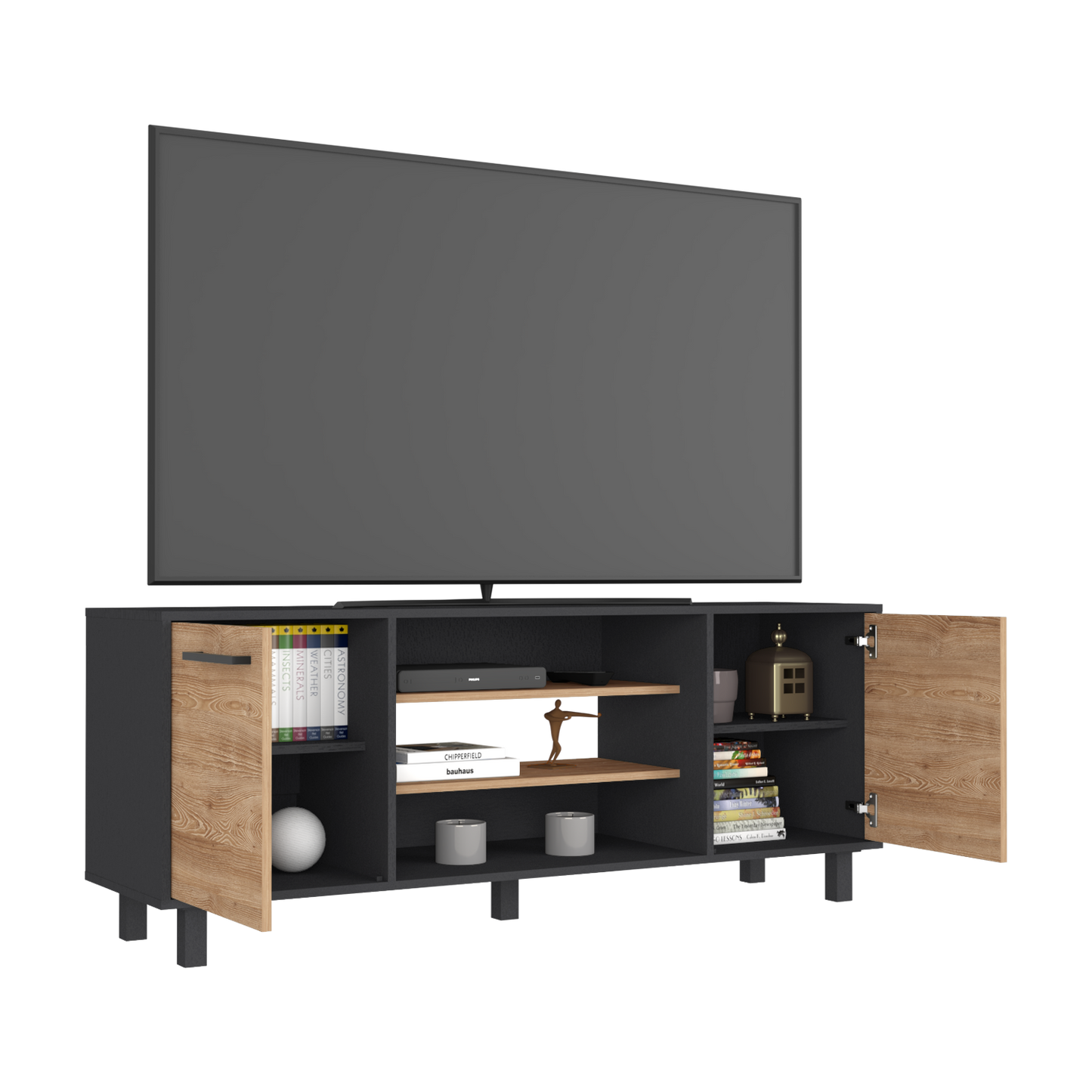 Tv Stand for TV´s up 55" Washington, Four Shelves, Black Wengue / Pine Finish-3