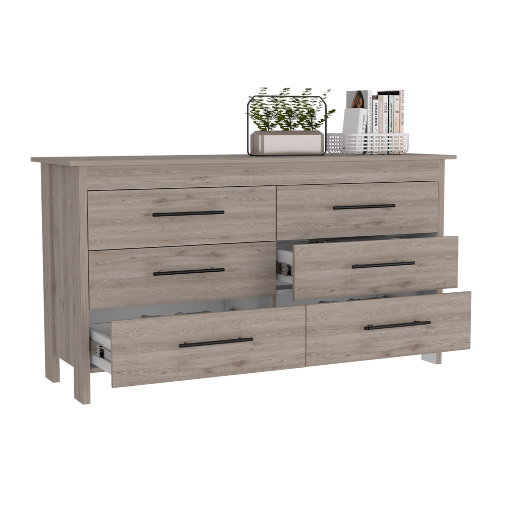 6 Drawer Double Dresser Wezz, Four Legs, Superior Top, Light Gray Finish-4