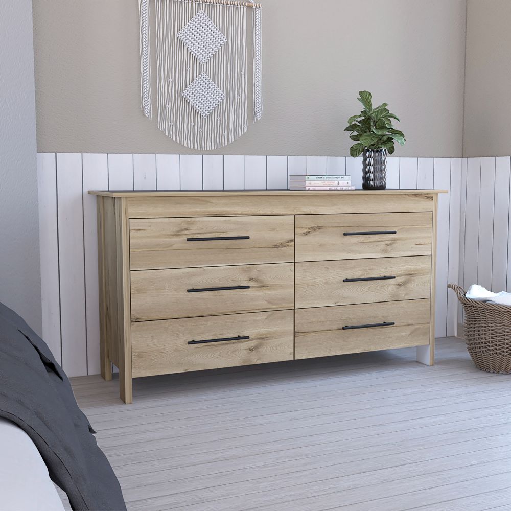 6 Drawer Double Dresser Wezz, Four Legs, Superior Top, Light Oak / White Finish-0