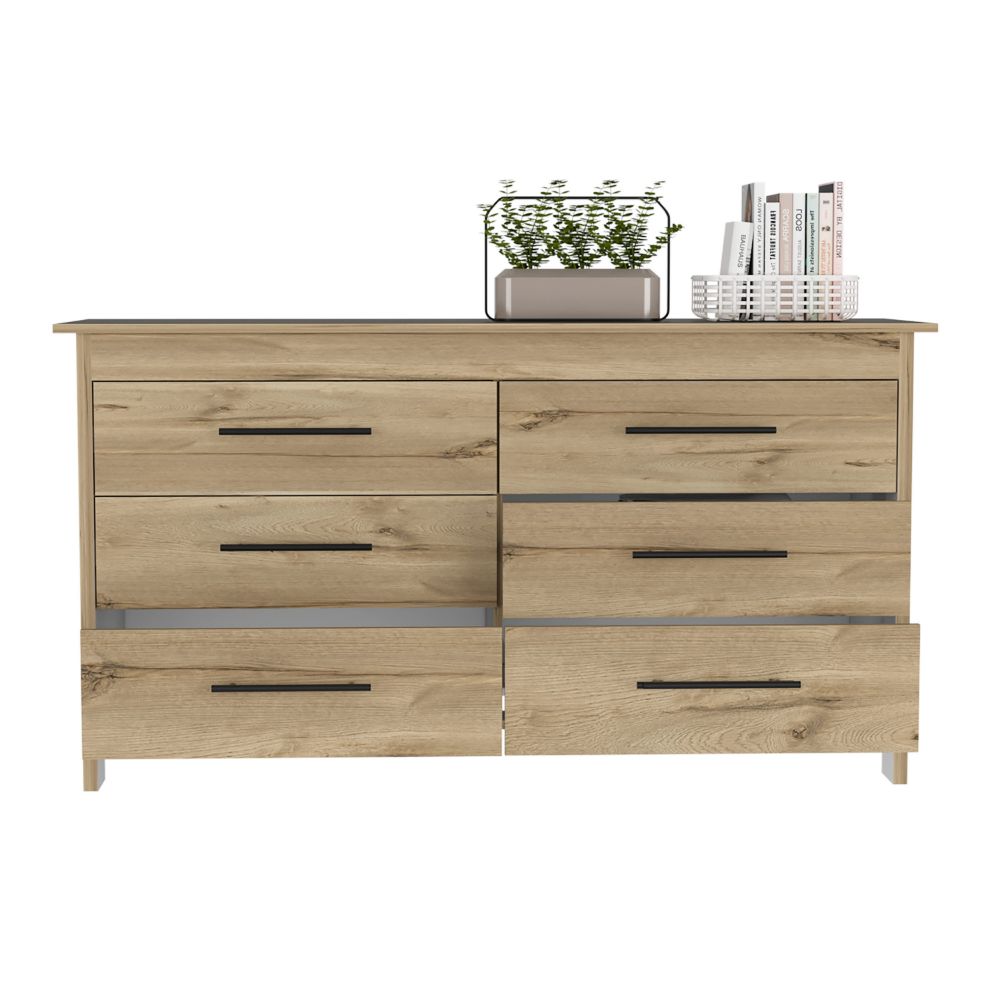 6 Drawer Double Dresser Wezz, Four Legs, Superior Top, Light Oak / White Finish-2