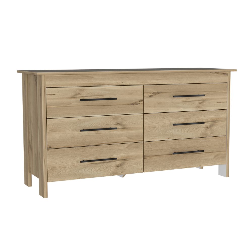 6 Drawer Double Dresser Wezz, Four Legs, Superior Top, Light Oak / White Finish-4