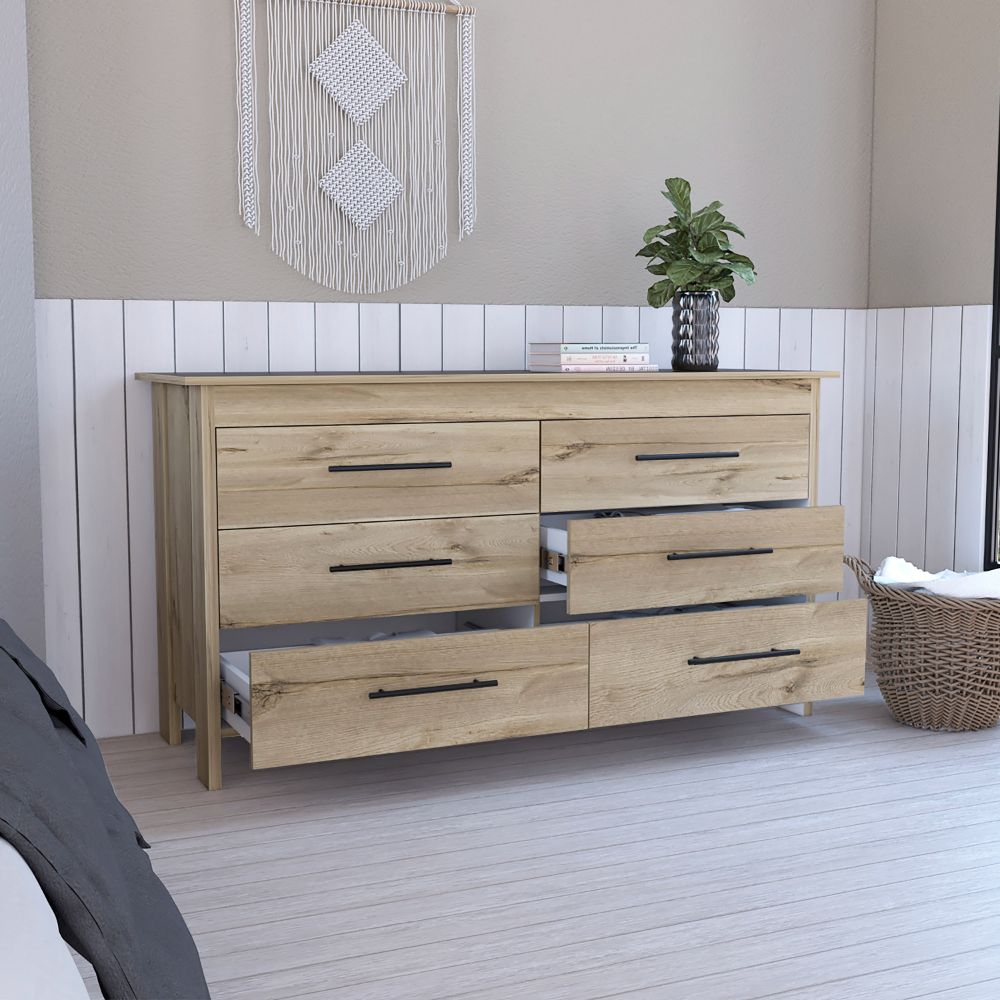 6 Drawer Double Dresser Wezz, Four Legs, Superior Top, Light Oak / White Finish-1