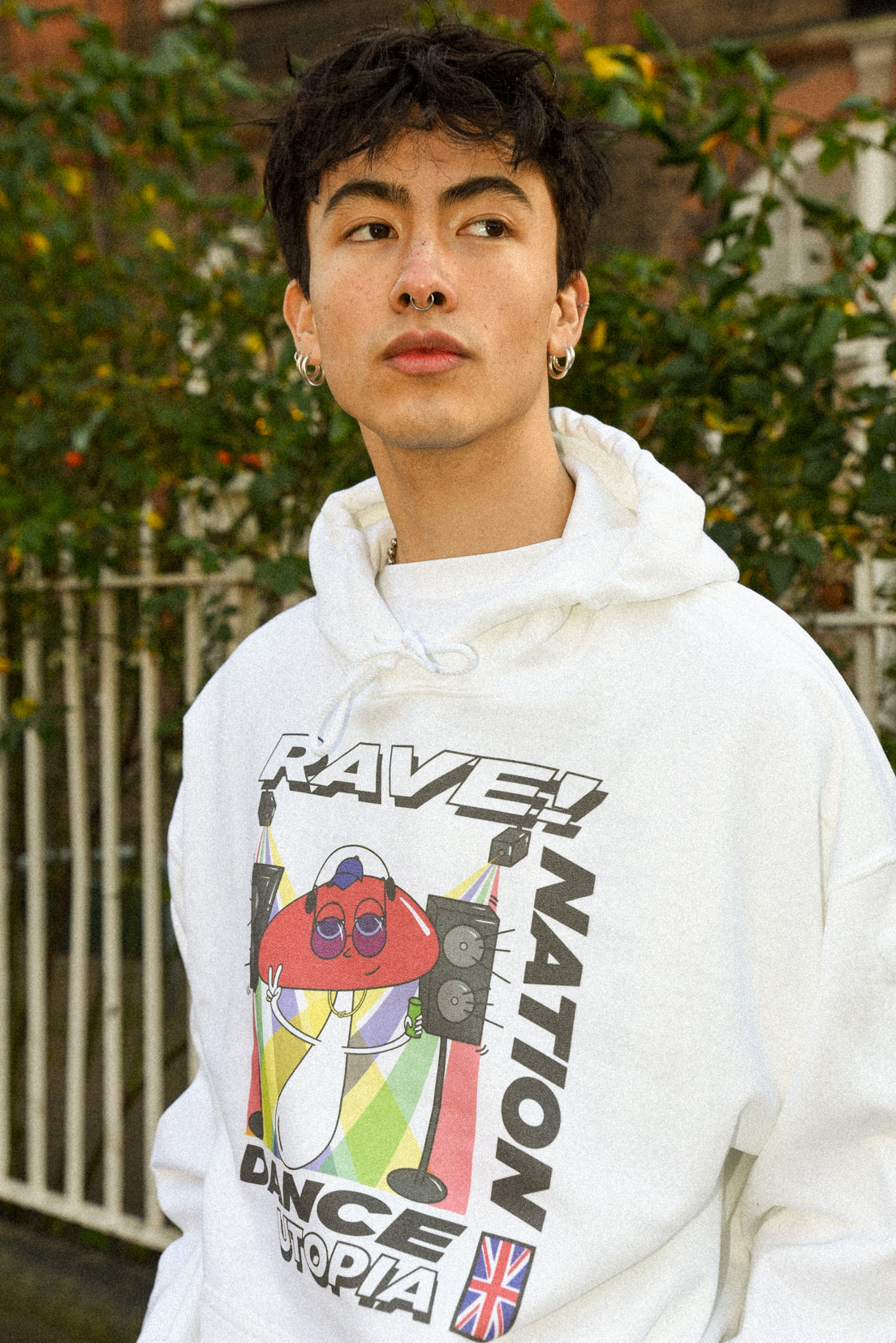 Hoodie in White with Mushroom Rave Nation Print-1