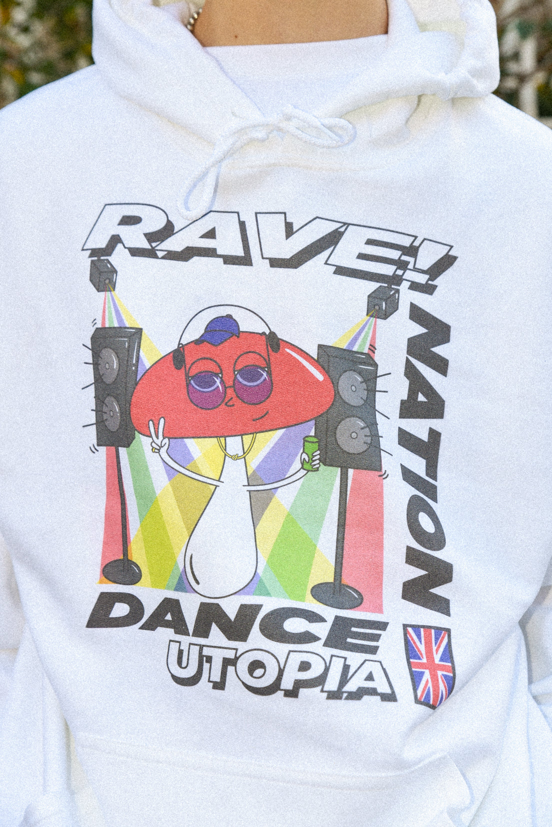 Hoodie in White with Mushroom Rave Nation Print-3