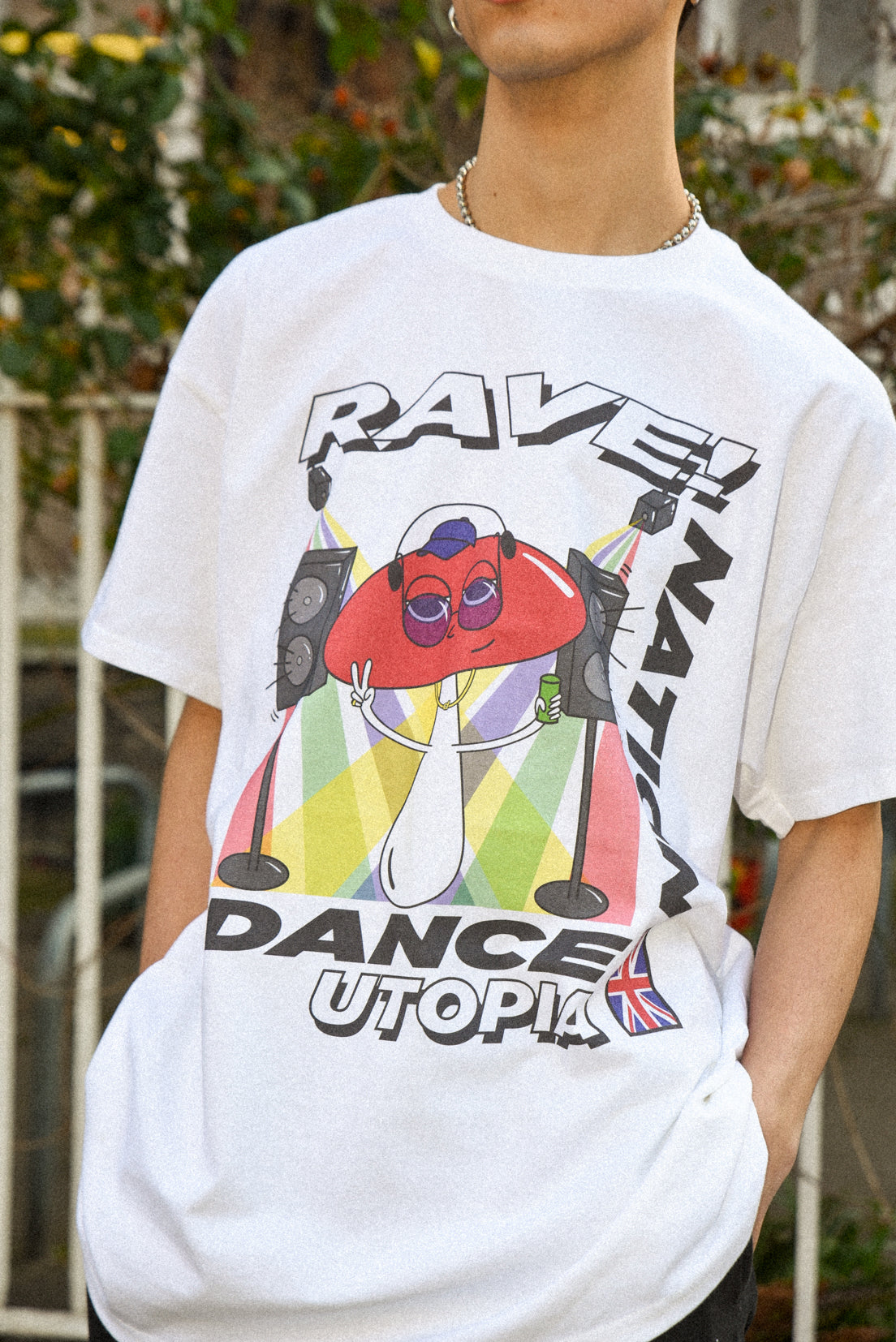 Short Sleeved T-shirt in White with Mushroom Rave Nation Print-1