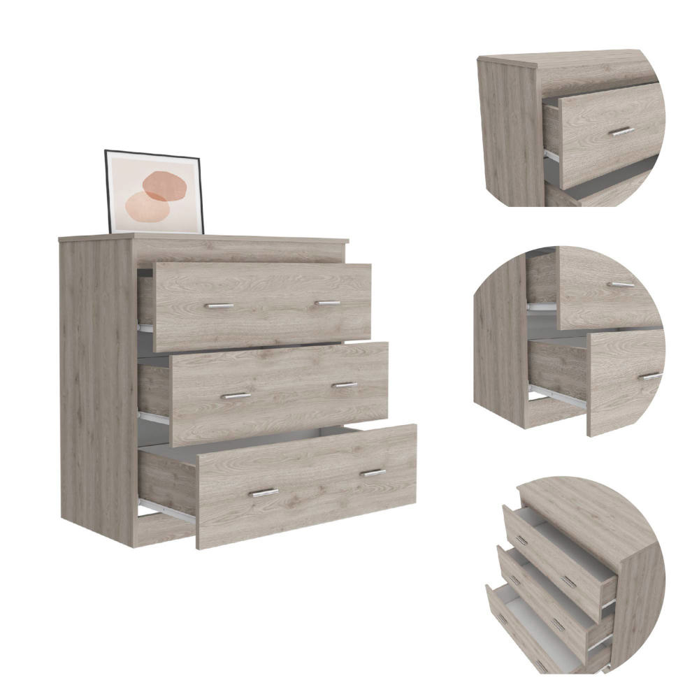 Three Drawer Dresser Whysk, Superior Top, Handles, Light Gray / White Finish-4