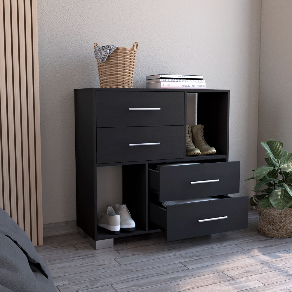 Dresser Hetzs, Four Drawers, Two Open Shelves, Black Wengue Finish-1