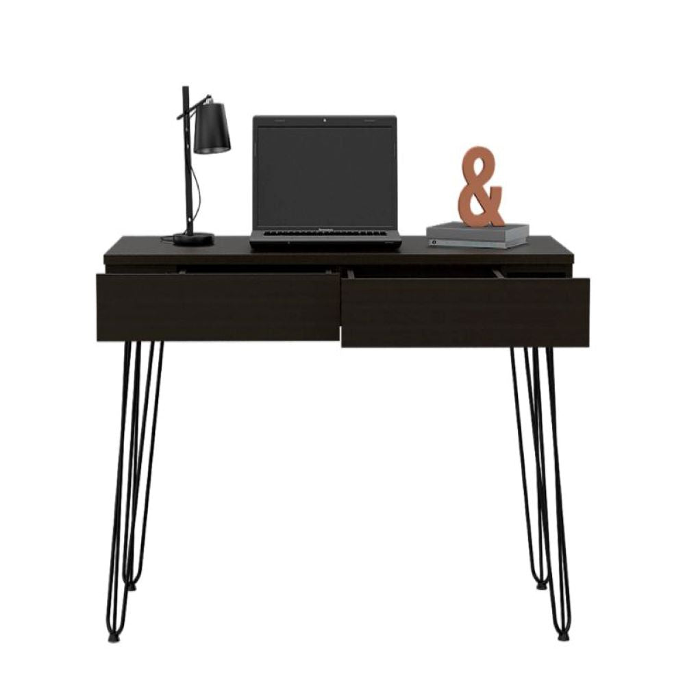 Desk Hinsdale with Hairpin Legs and Two Drawers, Smokey Oak Finish-2