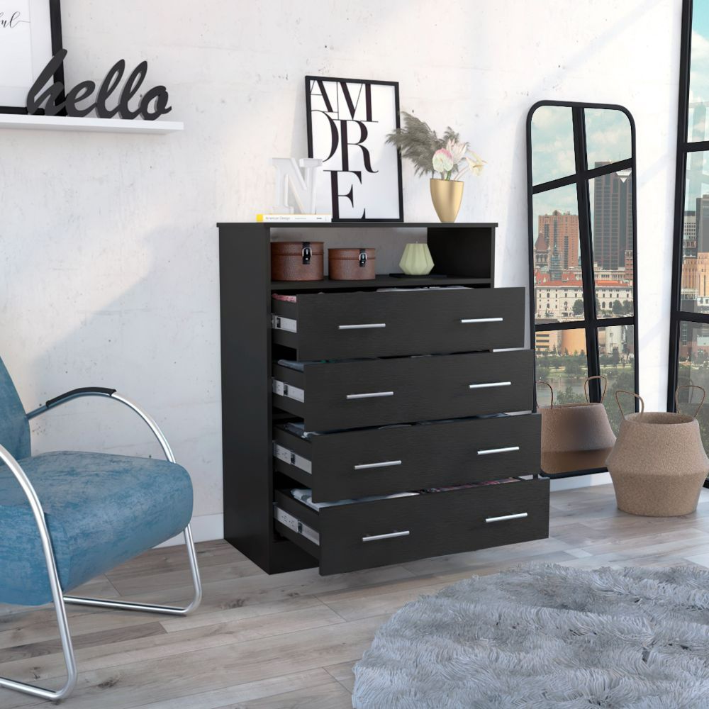 Four Drawer Dresser Wuju, One Shelf, Black Wengue Finish-1