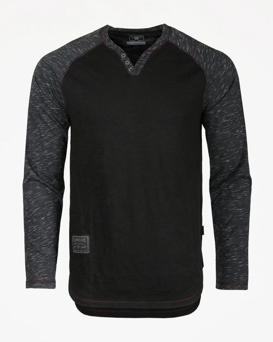 ZIMEGO Long Sleeve Contrast Raglan Henley V-Neck T-Shirts BLK-BLK-0