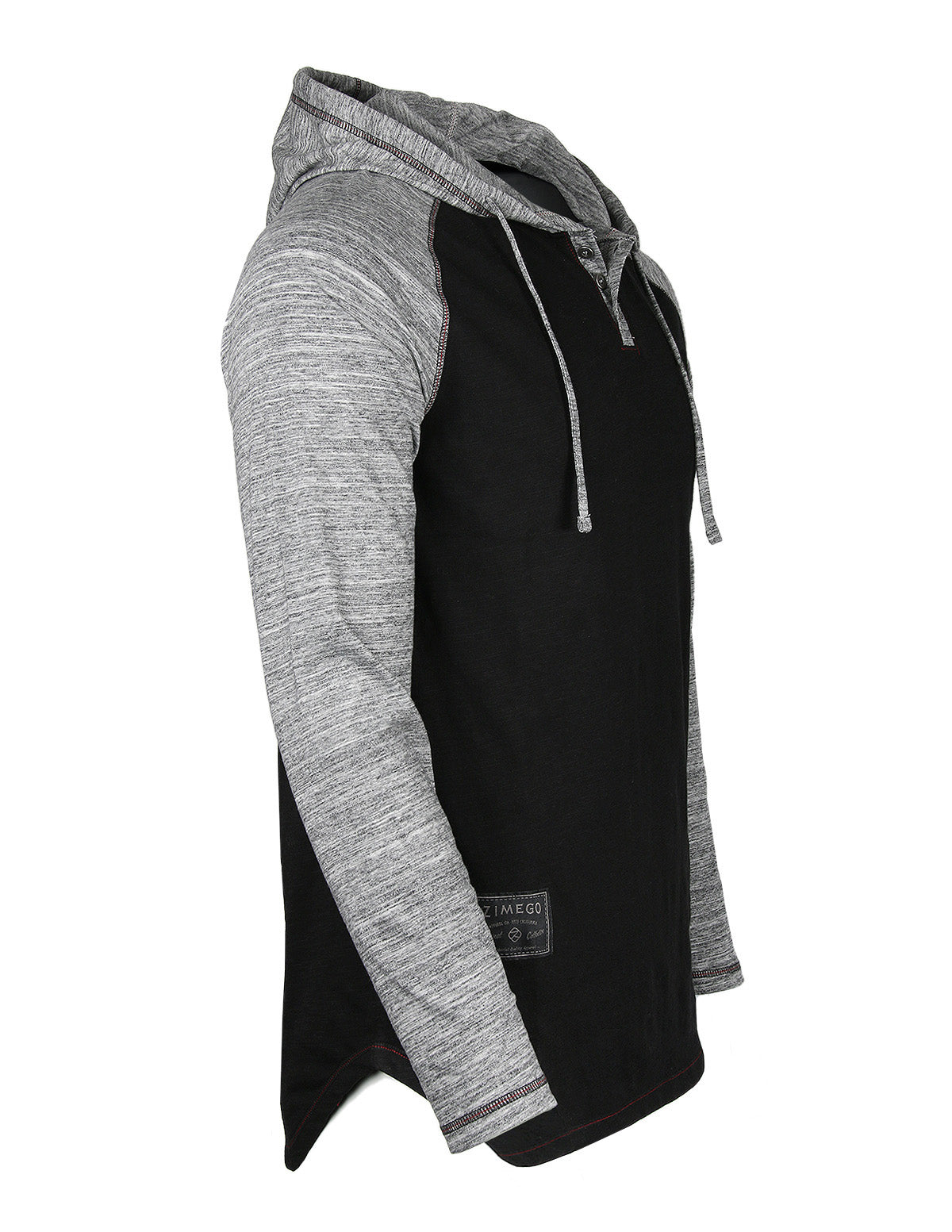 ZIMEGO Long Sleeve Raglan Henley Round Bottom Hood T-Shirts - BLACK / BLACK-3