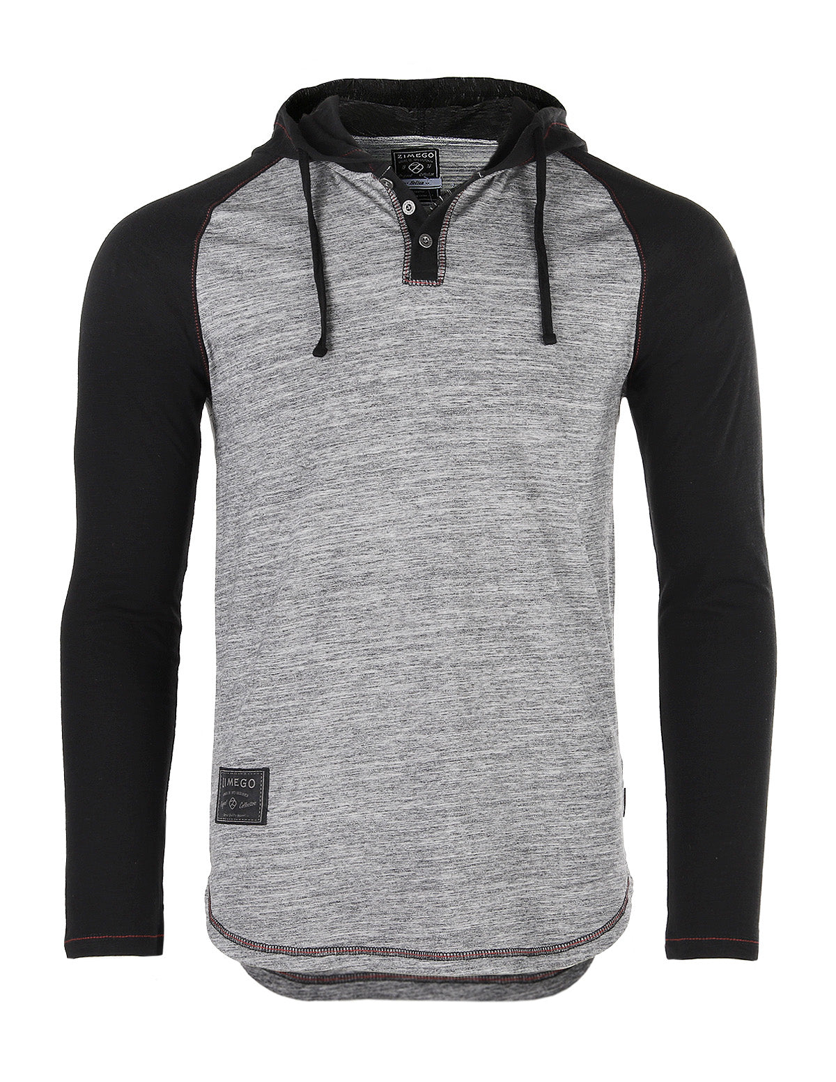 ZIMEGO Long Sleeve Raglan Henley Round Bottom Hood T-Shirts - BLACK / BLACK-5