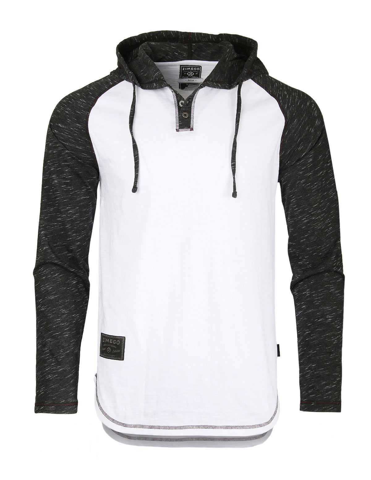 ZIMEGO Long Sleeve Raglan Henley Round Bottom Hood T-Shirts - WHITE/BLK-3