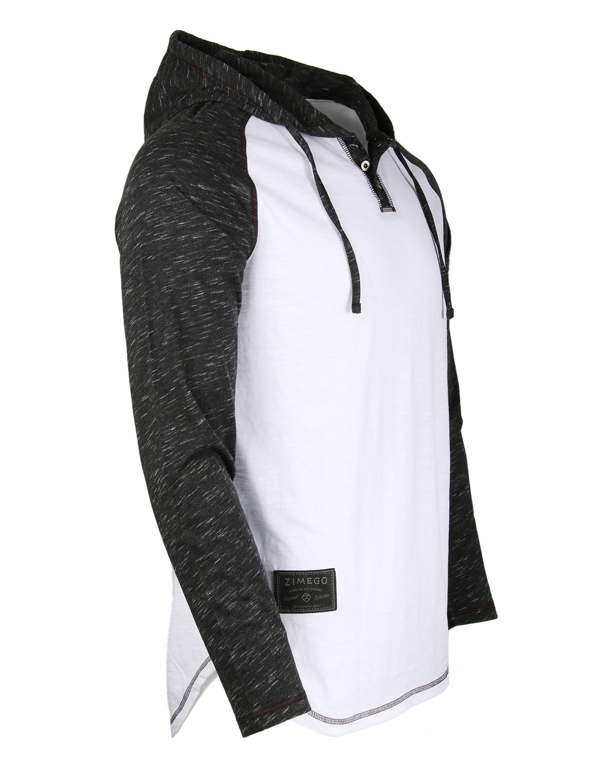 ZIMEGO Long Sleeve Raglan Henley Round Bottom Hood T-Shirts - WHITE/BLK-4