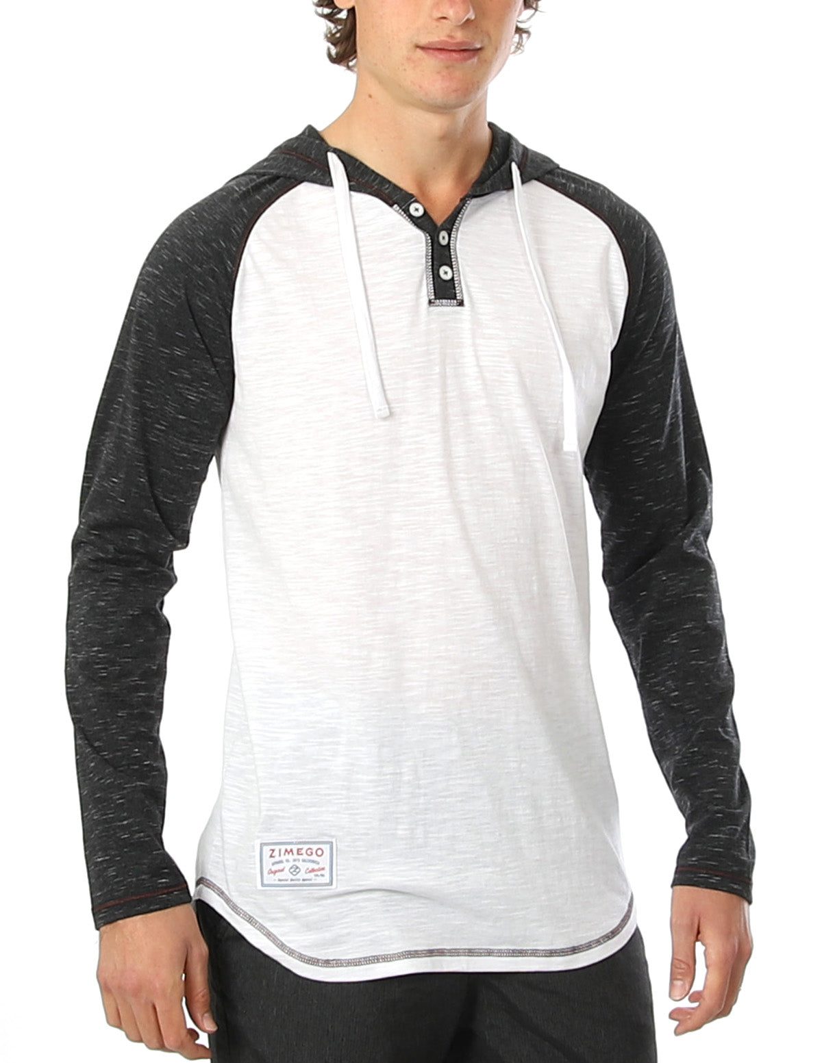 ZIMEGO Long Sleeve Raglan Henley Round Bottom Hood T-Shirts - WHITE/BLK-1