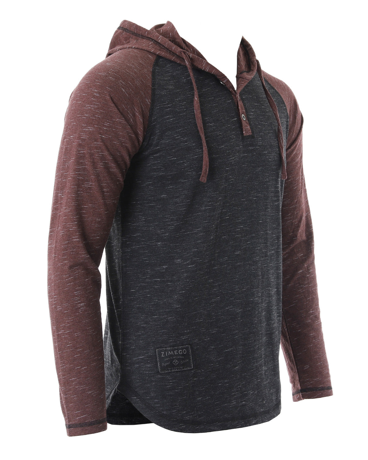 ZIMEGO Long Sleeve Raglan Henley Round Bottom Hood T-Shirts - BLACK / MAROON-2