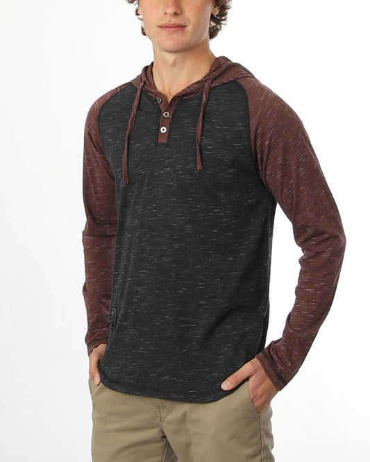 ZIMEGO Long Sleeve Raglan Henley Round Bottom Hood T-Shirts - BLACK / MAROON-0