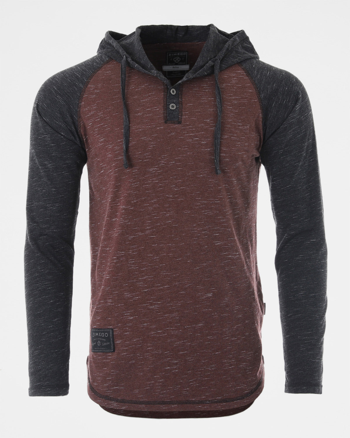 ZIMEGO Long Sleeve Raglan Henley Round Bottom Hood T-Shirts - BLACK / MAROON-1