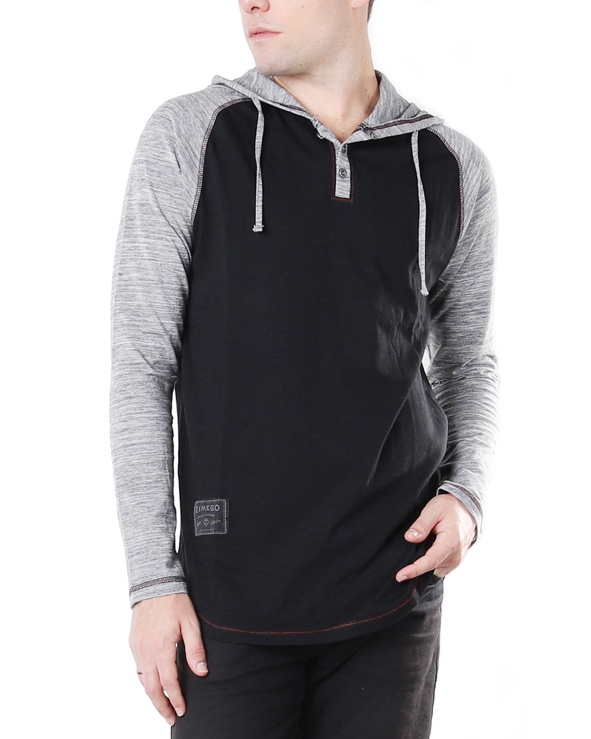 ZIMEGO Long Sleeve Raglan Henley Round Bottom Hood T-Shirts - BLACK / BLACK-1