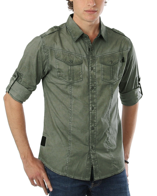 ZIMEGO Men's Stretch Roll-Up Sleeve Color Washed Vintage Rugged Fashion Button Shirts-0