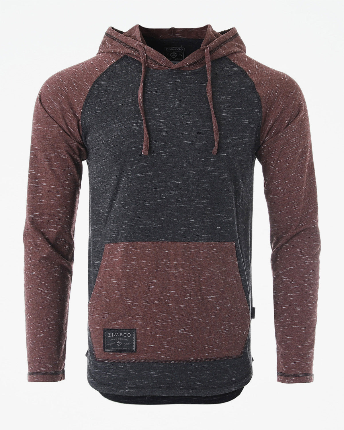 ZIMEGO Long Sleeve Raglan Henley Round Bottom Hood T-Shirts - BLACK / MAROON-0