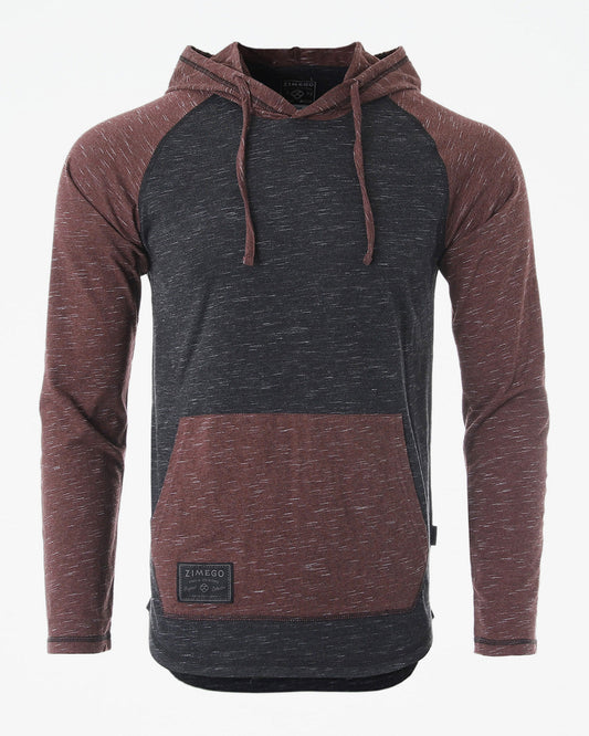 ZIMEGO Long Sleeve Raglan Henley Round Bottom Hood T-Shirts - BLACK / MAROON-0