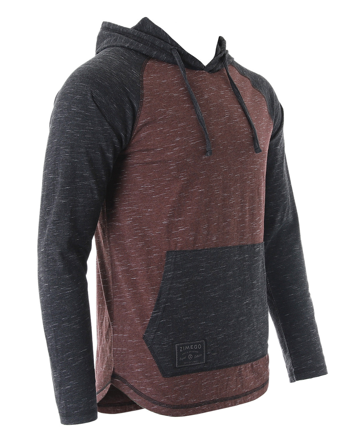 ZIMEGO Long Sleeve Raglan Henley Round Bottom Hood T-Shirts - MAROON / BLACK-2