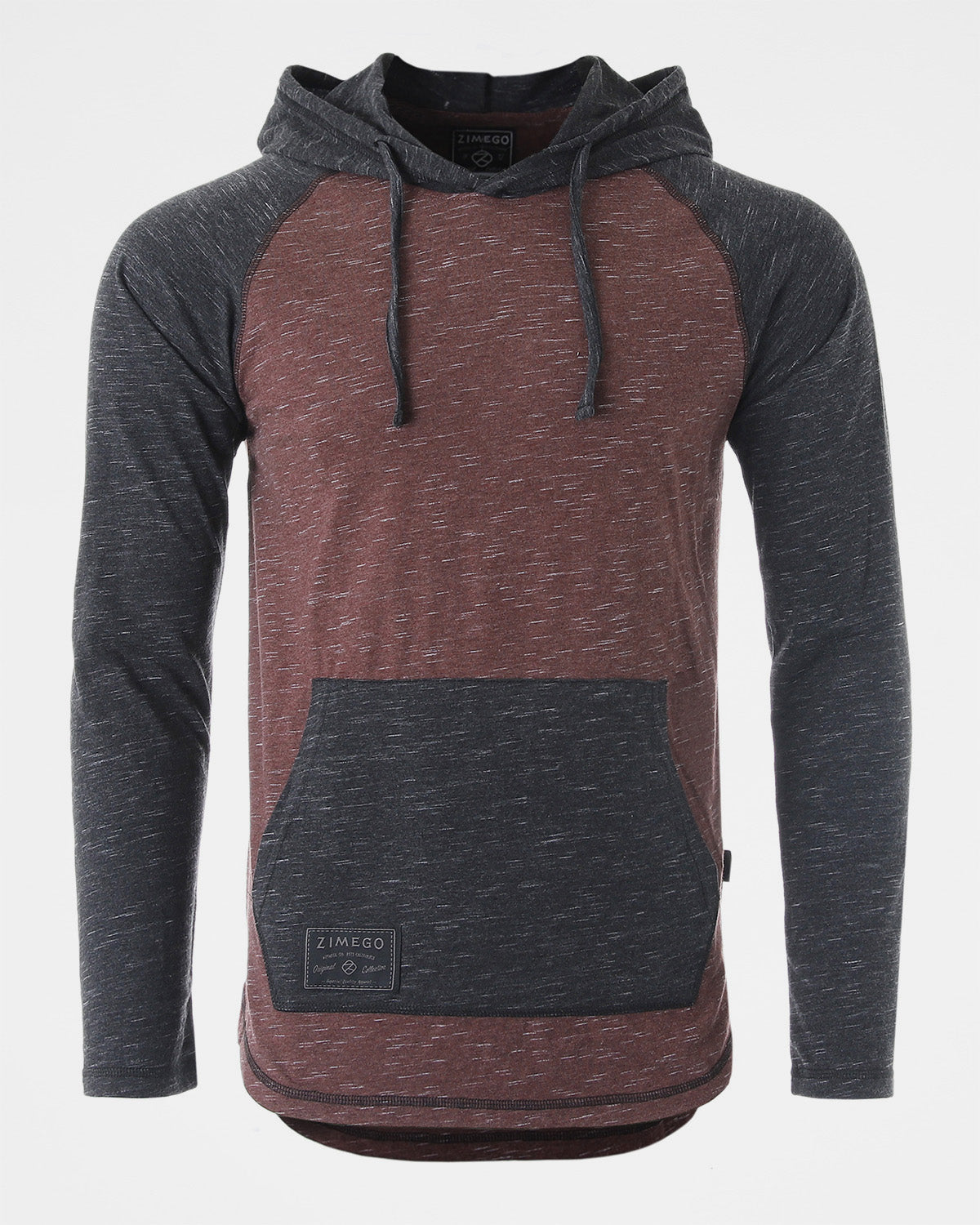 ZIMEGO Long Sleeve Raglan Henley Round Bottom Hood T-Shirts - MAROON / BLACK-0