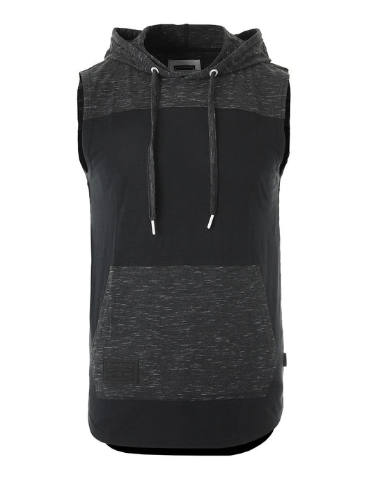 ZIMEGO Men's Color Block Sleeveless Pullover Kangaroo Pocket Workout Hooded Tank - 051-0