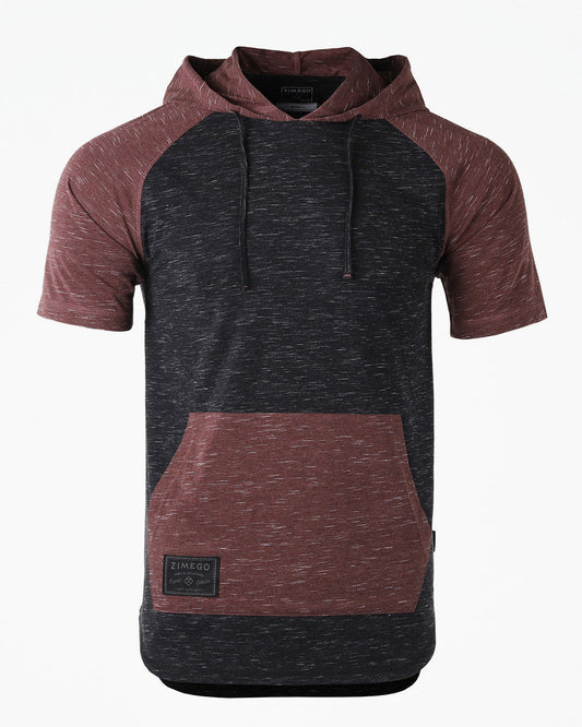 ZIMEGO Men's Short Sleeve Color Block Raglan Hoodie With Curved Hem - Black / Maroon-0