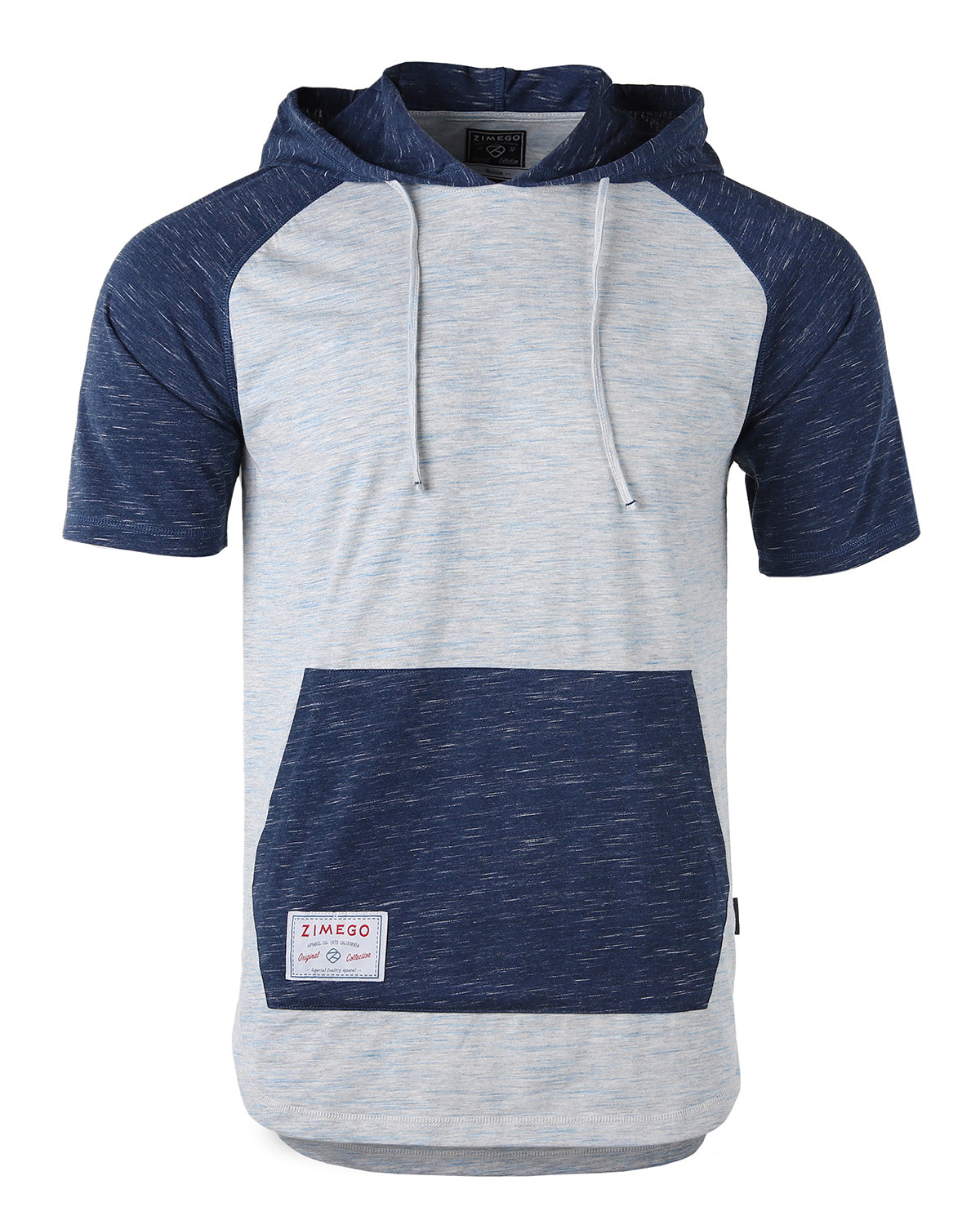 ZIMEGO Men's Short Sleeve Color Block Raglan Hoodie With Curved Hem - NAVY HEATHER-2