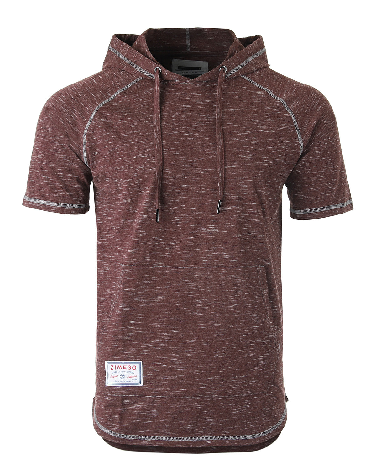 ZIMEGO Men's Short Sleeve Color Block Raglan Hoodie With Curved Hem - Black / Maroon-2