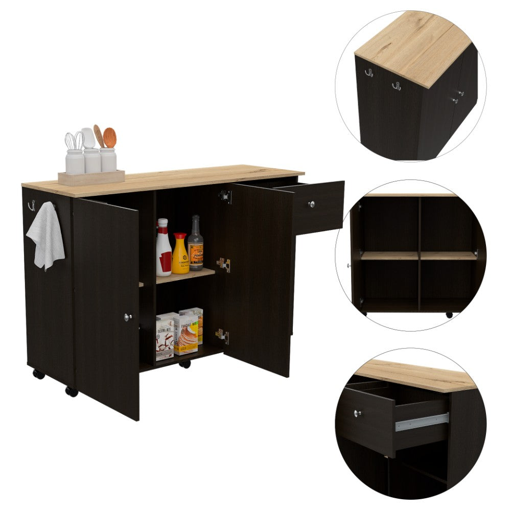 Kitchen Island Cart Indiana, Four Interior Shelves, Black Wengue Finish-1