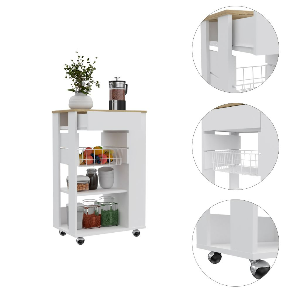 Kitchen Cart Sonex, One Drawer, Two Open Shelves, Four Casters, White / Light Oak Finish-2