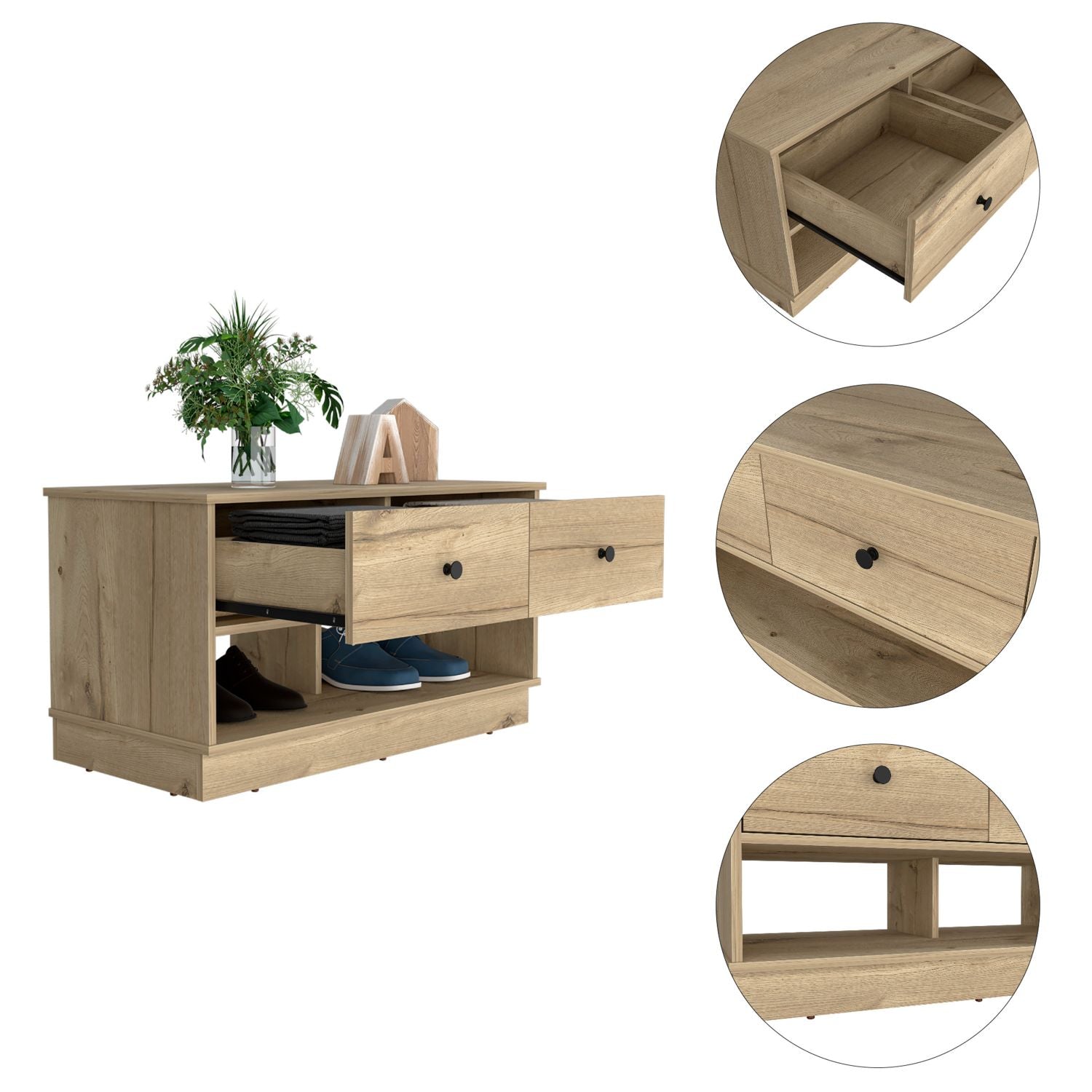 Storage Bench Beji, Lower Shelf, Two Drawers, Light Oak Finish-2