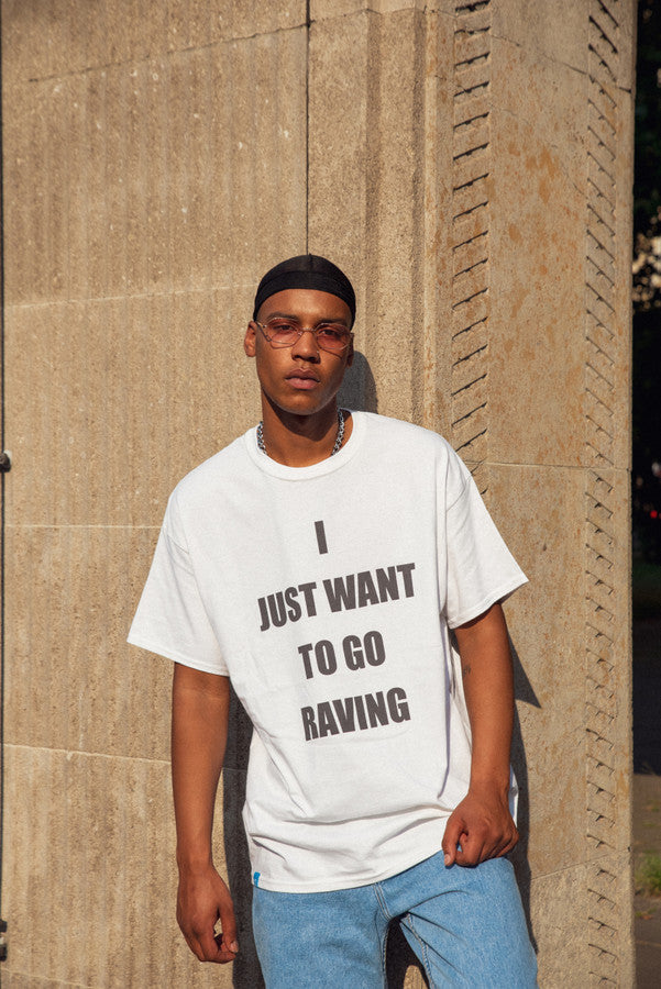 Short Sleeve Tshirt in White with I Just Want To Go Raving Print-0