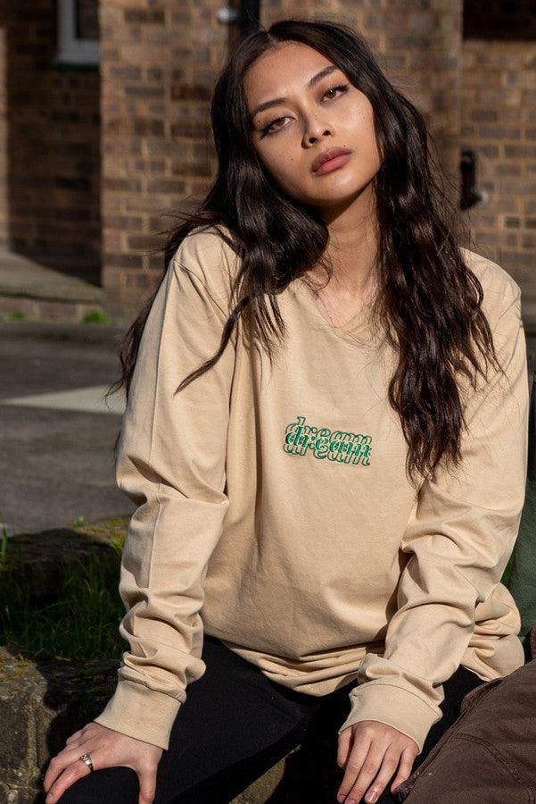 Long Sleeved T-Shirt In Tan With Three Type Logo Embroidery-0