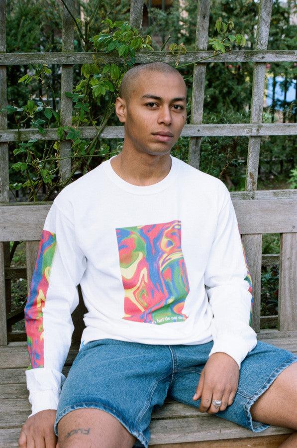 Long Sleeved T-shirt In White With Trippy Festival Print-0