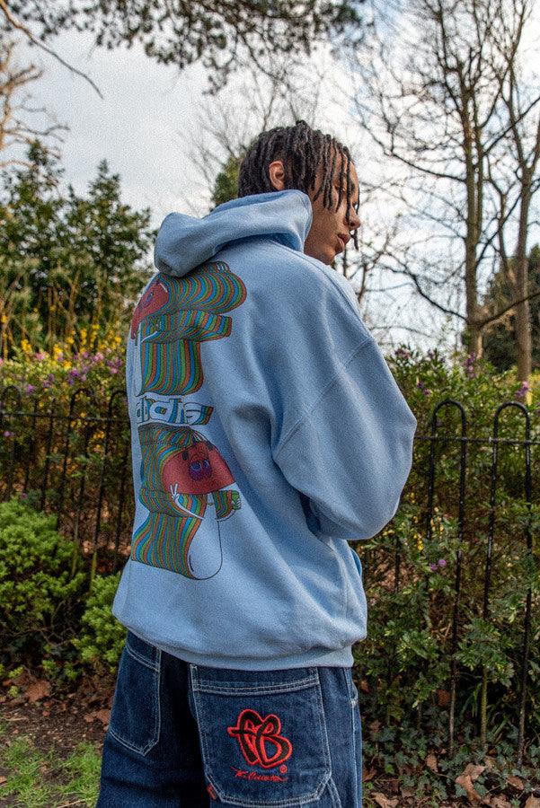 Heavyweight Hoodie in Light Blue With Trippy Mushroom Print-3